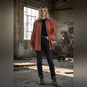 Womens Brown/Rust Button-Up Ribbed Corduroy Top Medium NWOT